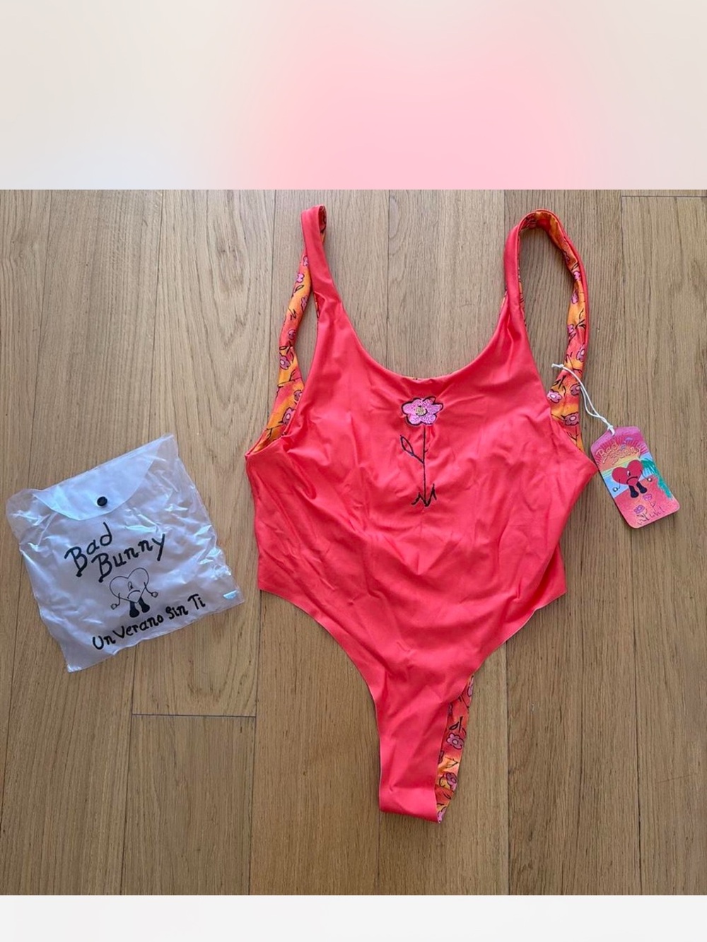 Bad Bunny Pink One-Piece Swimsuit with Floral Trim